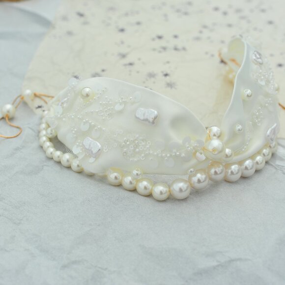 Satin Soft Fabric Embellished Fa White Pearl Beads Hair Band CoverUp Hair Scarf - Picture 7 of 16